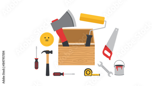 Various carpentry and painting tools are scattered around and partially inside a wooden toolbox, suggesting home improvement projects.
