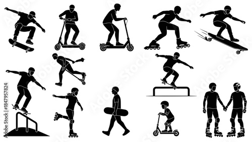 Collection of black silhouette icons depicting extreme sports and urban mobility skateboarders, scooter riders, rollerbladers, and friends holding hands