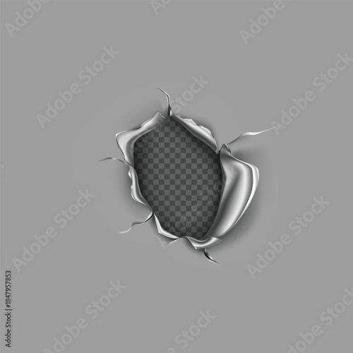 Realistic torn metal sheet effect revealing a transparent background with jagged edges and texture