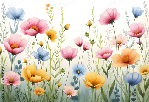 A beautiful display of wildflowers fills the garden, featuring a mix of pink, blue, and yellow blooms. The fresh greenery complements the colorful petals, capturing the essence of spring.