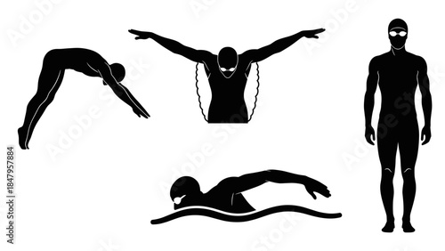Set of swimmer silhouettes diving, freestyle stroke, backstroke start, and standing poses