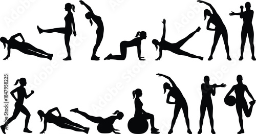Fitness woman silhouettes set workout exercise yoga stretching running training poses isolated black female figures on white background collection