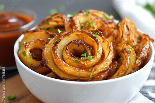 A bowl of potato spiral fries, thinly sliced potatoes fried into spiral shapes, served with a smoky barbecue sauce 