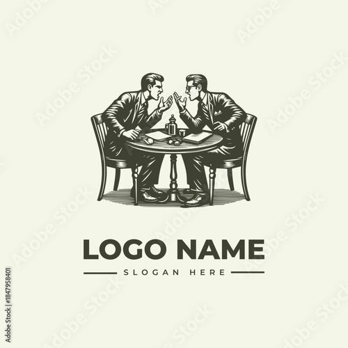 Vector illustration of two businessmen sitting at a table with a logo and slogan on a plain background.