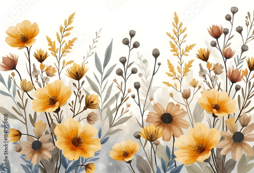 Colorful wildflowers in shades of yellow and gold create a vibrant display among green leaves under a bright sky. The scene captures the essence of springtime beauty and tranquility.