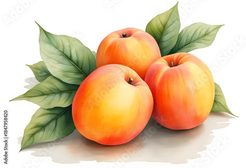 Three ripe peaches with a rich orange hue rest on lush green leaves. The fruits display a smooth texture and shine under soft light, creating an inviting depiction of summer harvest.