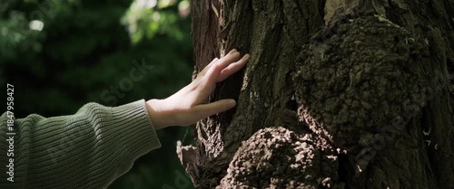 Close-up of female hand softly touching tree bark in forest during summer. Handheld anamorphic footage with warm backlight, cinematic bokeh and organic movement, symbolizing mindfulness, balance