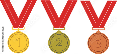 Gold silver bronze medals illustration, first second third place awards, winner podium concept, achievement success vector isolated white background design