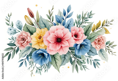 Beautifully arranged flowers including pink, yellow, and blue blooms surrounded by delicate green leaves create a stunning visual display perfect for decoration.