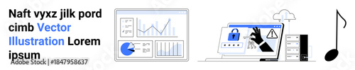 Analytics dashboard with graphs and pie chart, cybersecurity breach warning on laptop, cloud, server, and music note. Ideal for technology, data, security, cloud computing music business simple