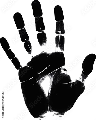 An open handprint reveals intricate details of the fingers and palm. The monochrome design highlights texture and structure in a striking contrast.