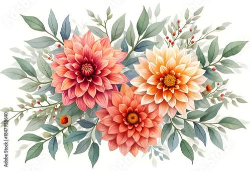 A vibrant arrangement of dahlia flowers showcases shades of coral, peach, and cream among lush green leaves, creating a cheerful and natural aesthetic ideal for decor.