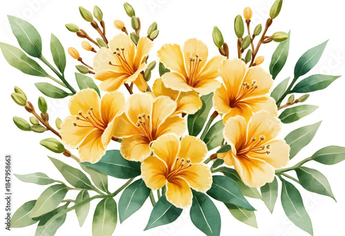 This arrangement features vibrant yellow flowers surrounded by fresh green leaves. Perfect for brightening up a space, the flowers showcase natural beauty and elegance.