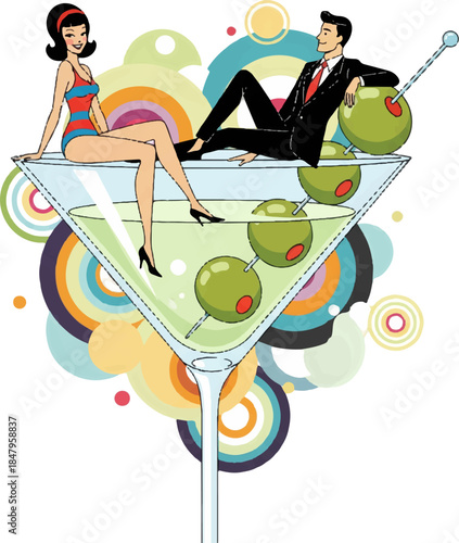A man in a suit and a woman in a swimsuit relax on a large martini glass. They enjoy a festive atmosphere with colorful circles around them, suggesting a fun party scene.