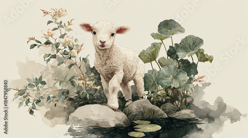 A charming lamb stands gracefully amidst blooming flowers and tranquil water, showcasing its innocence and purity. The surrounding environment complements its gentle nature.