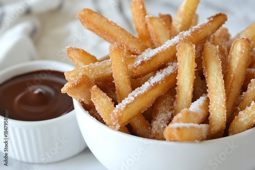 A bowl of sweet and salty fries, crispy fries sprinkled with sugar and sea salt, served with a chocolate dipping sauce 