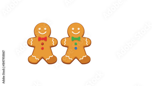 Two cheerful gingerbread men stand side by side, decorated with colorful candies and bows, evoking a festive holiday spirit.