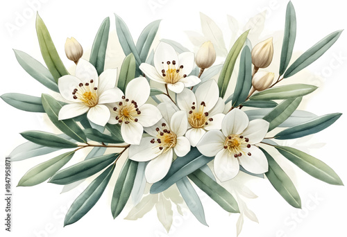 A delicate composition of white blooms surrounded by lush green leaves showcases nature's beauty, ideal for decorations or as a centerpiece, and evokes tranquility.