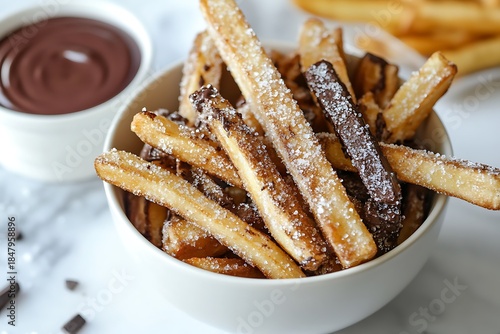 A bowl of sweet and salty fries, crispy fries sprinkled with sugar and sea salt, served with a chocolate dipping sauce 