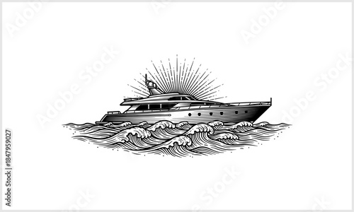 Maritime Voyage: An impressive illustration of a luxurious yacht sailing through undulating waves under a radiant sunburst, capturing the essence of opulence, travel, and the open sea.