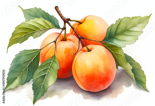 Three ripe apricots hang on a branch with bright green leaves, showcasing their vibrant orange color and smooth texture in a detailed artistic representation.