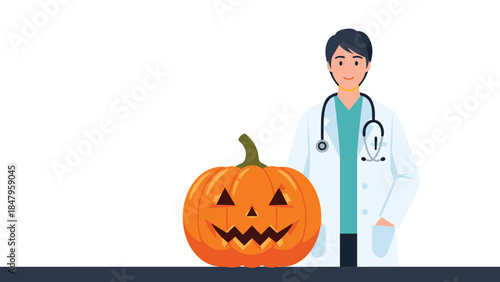 A friendly doctor stands beside a carved jack o lantern, representing healthcare during the halloween season.