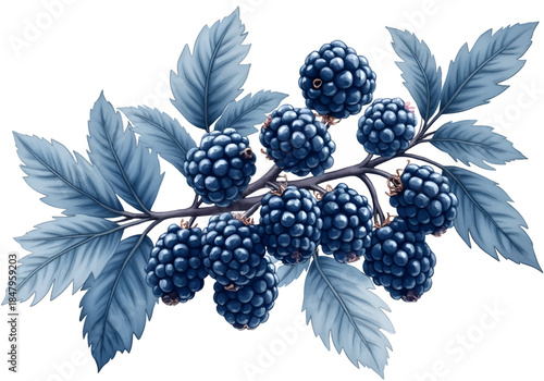 Clusters of ripe blueberries rest on a branch surrounded by vibrant green leaves under natural daylight, showcasing their freshness and natural beauty.