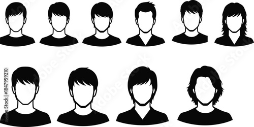 Male avatar silhouette icons set isolated on white background, anonymous user profile faces, modern hairstyle variations, minimal vector illustration