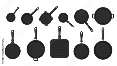 Collection of various black frying pans and skillets displayed in a flat lay arrangement for culinary or kitchen related concepts.