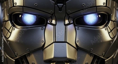 Close-up of a Futuristic Robot' Face with Intense Glowing Blue Eyes and Metallic Armored Details