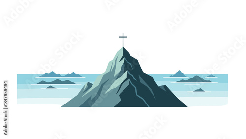 Serene landscape depicts a mountainous island with a cross on its peak, surrounded by a calm blue sea and distant landforms.
