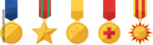 Military medal illustration set with honor awards, bravery decorations, achievement badges, gold medals collection vector isolated on white background