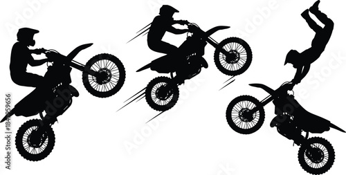 Motocross rider silhouettes performing extreme jumps stunts dirt bike action motorbike sport isolated black figures on white background
