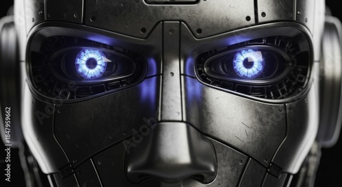 Futuristic Robot Face with Intense Glowing Blue Eyes and Detailed Metallic Armor