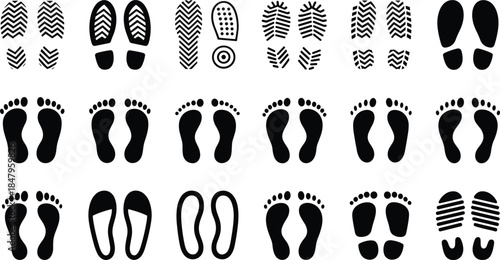 Collection of Footprint and Shoe Print Silhouettes on White Background sole boot