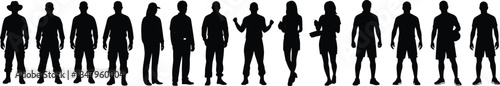 People silhouette standing poses set isolated on white background, diverse human figures collection, casual clothing styles, minimal vector illustration