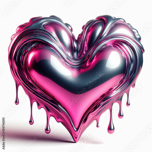 Passionate melting heart of liquid chrome. pink and silver metallic shape with beautiful gloss and gradient, symbolizing powerful and modern love dripping with emotion