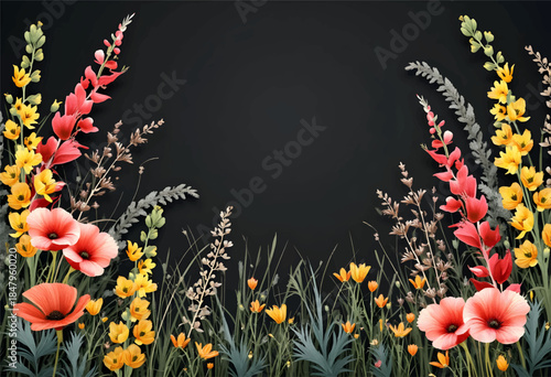 A stunning display of assorted wildflowers including poppies and gladiolus fills the foreground, creating a vibrant contrast against the dark backdrop, capturing the essence of natures beauty.