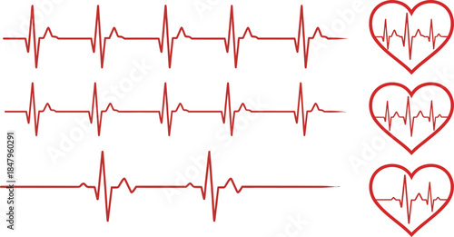 Red ECG heartbeat waveform pattern with heart icons representing cardiology monitoring, medical health concept, electrocardiogram background illustration for digital design