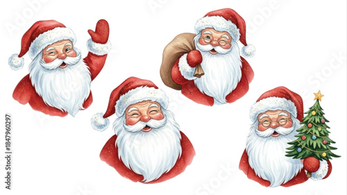 Watercolor Santa Claus Character Set, Cute Hand Painted Christmas Illustrations Isolated on White Background