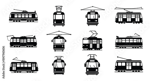Collection of black and white tram or trolley car icons in various views