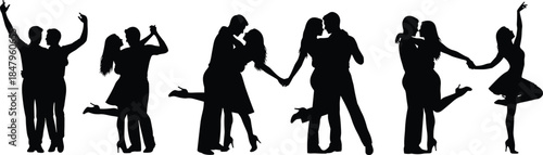 Romantic Dancing Couples Silhouettes, Love and Passion Poses, Ballroom Dance, Relationship Moments, Elegant Male Female Figures, Black Vector Illustration Collection