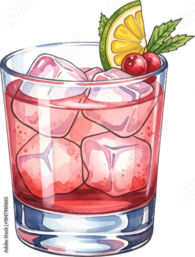 Colorful cocktail served in a glass, filled with ice cubes and red liquid, garnished with a lime wedge and a cherry. Ideal for summer gatherings and celebrations.