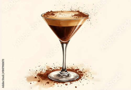 A sophisticated coffee cocktail sits elegantly in a clear glass, topped with a frothy layer and a sprinkle of cocoa powder. The drink exudes a warm, inviting ambiance, perfect for relaxation.