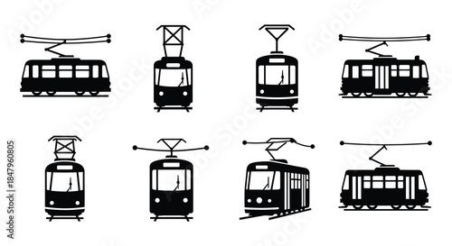 Collection of black and white tram or trolley car icons in various views