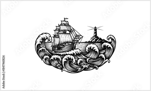 Sailing the Tempestuous Seas: A detailed, stylized illustration presents a majestic ship sailing through formidable waves, guided by the beacon of a lighthouse amidst a roaring sea.