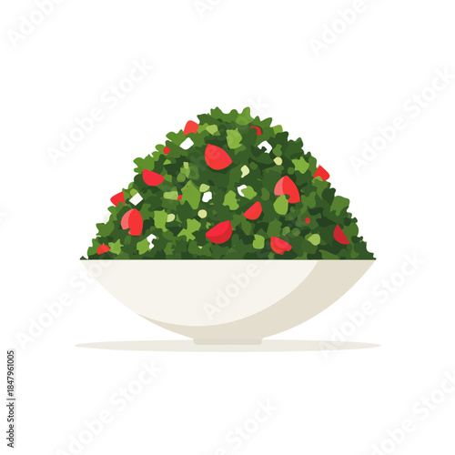 Flat 2D minimalist illustration of a Tabbouleh Salad, modern vector design with white background.