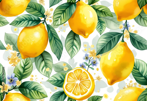 Bright yellow lemons hang among lush green leaves and delicate white and blue flowers, creating a cheerful and fresh vibe perfect for decor or fabric design.