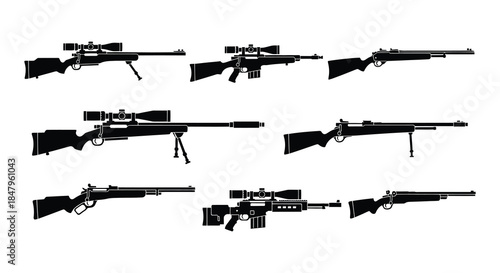 Collection of various silhouette sniper rifles and long firearms displayed in rows