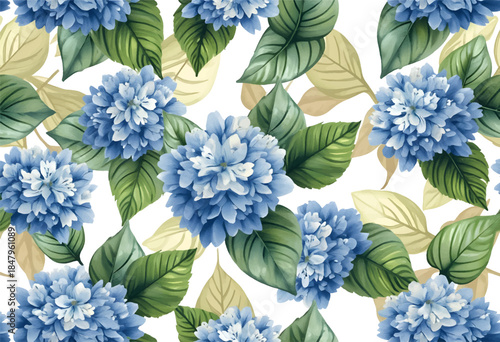 This vibrant floral design showcases lush blue hydrangeas surrounded by green leaves. Perfect for home decor, textiles, or stationery, it brings a fresh, botanical touch to any space.